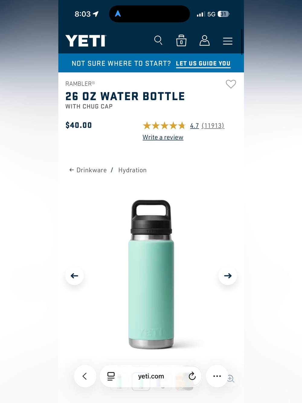 Yeti Rambler 26oz Water Bottle - Seafoam Body with Black Cap